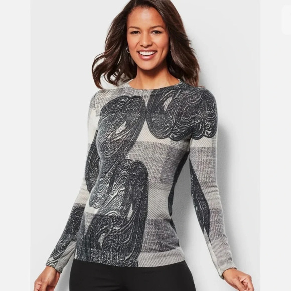 NWOT Talbots Petites Pure Cashmere Crewneck Sweater Gray Paisley P (XSP) - Picture 1 of 16